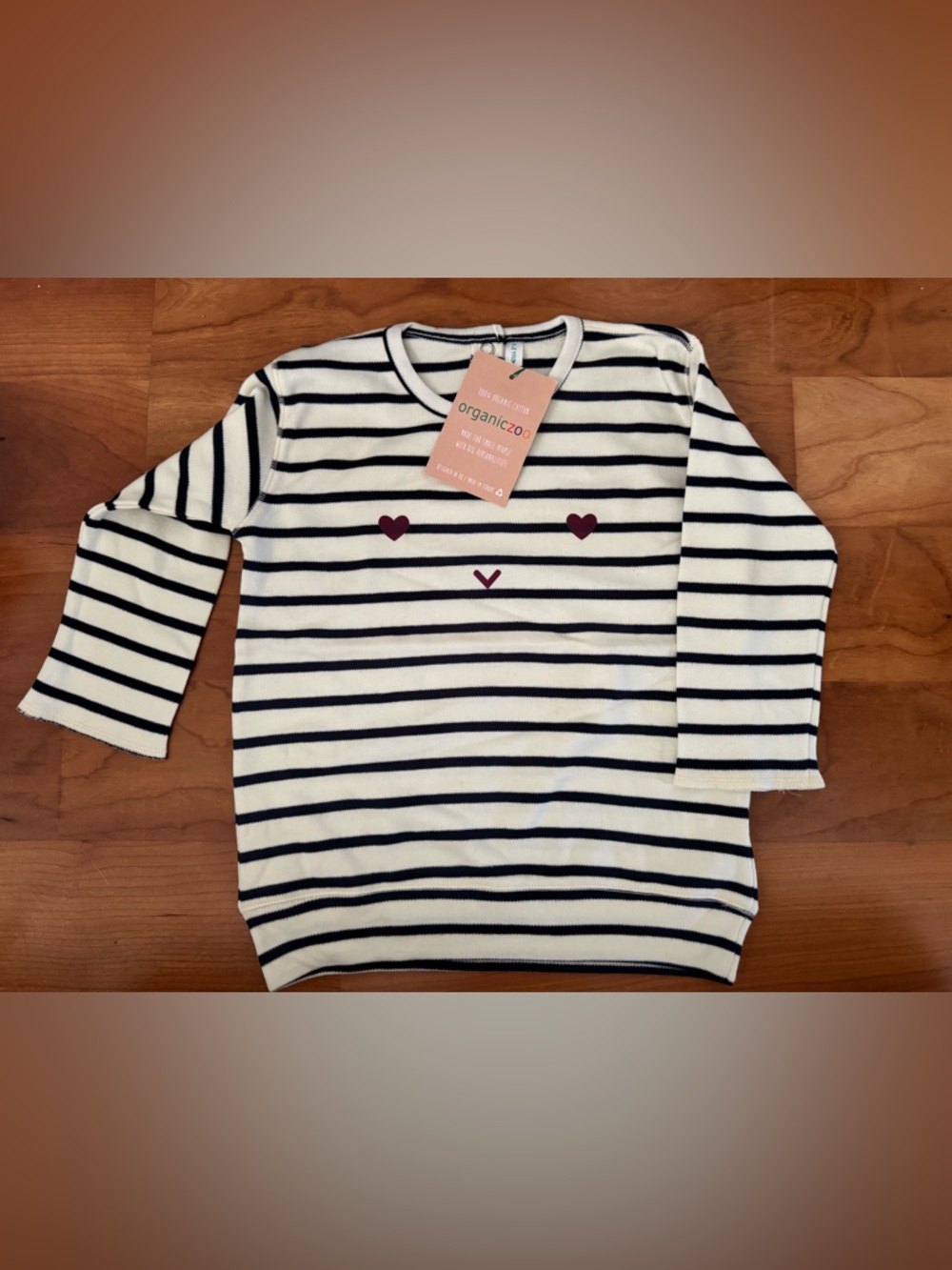 Kids Organic Stripe Long-Sleeve Top with Heart Motif - White & Navy